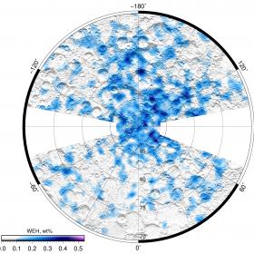 Карта массовой концентрации водяного льда (в процентах) в грунте северной околополярной области Луны по данным прибора ЛЕНД, КА ЛРО (NASA). Фото ИКИ РАН