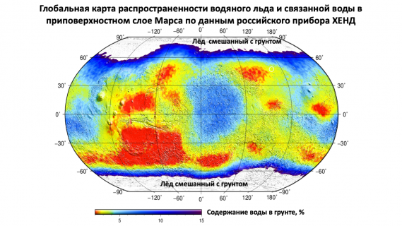HEND map of Martian water ice and bound subsurface ice distribution. Image: IKI, 2023