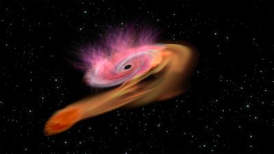 Явление приливного разрушения звезды при прохождении вблизи черной дыры в представлении художника. Изображение © ESA/C. Carreau