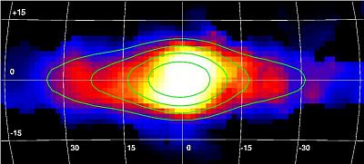 Распределение диффузного рентгеновского излучения галактического «хребта» (по данным телескопа IBIS/ISGRI обсерватории ИНТЕГРАЛ, 18–60 кэВ) и инфракрасного излучения на 4.9 мкм (контуры, данные COBE/DIRBE). Изображение из статьи Krivonos et al., 2007