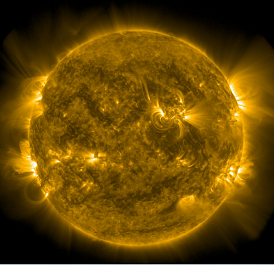 Характерный вид Солнца в рабочем диапазоне телескопа СОЛ 17.1 нм. Так будут выглядеть получаемые им изображения. Данное изображение получено телескопом AIA обсерватории SDO (NASA). Изображение: NASA/SDO and the AIA, EVE, and HMI science teams