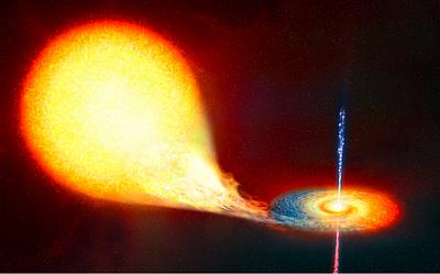 Рентгеновская новая в представлении художника. Вещество с обыкновенной звезды (слева) постепенно перетекает на компактный объект (справа) - нейтронную звезду или черную дыру, при этом образуя диск вокруг последнего. Разгоняясь до высоких скоростей, вещество в диске начинает испускать рентгеновские фотоны. Изображение: ESA