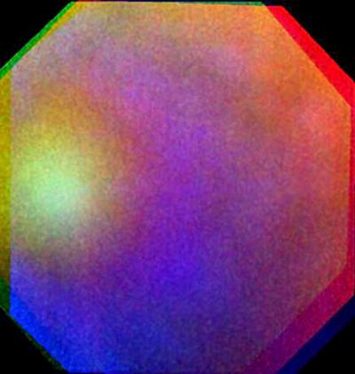 Рисунок 2. Наложение изображений, полученных в УФ-, видимом, и ИК-диапазонах (разделены 10-секундным интервалом), в искусственных цветах. Изображение (с) ESA/MPS/DLR/IDA