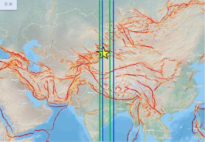 Расположение эпицентра землетрясения (звездочка) на карте активных разломов Евразии (http://neotec.ginras.ru/index/mapbox/database_map.html, дата вхождения 2 июня 2024). Траектории пролета спутников Swarm-A и Swarm-C над эпицентром показаны зеленой и синей линиями. Переработанное изображение из статьи: Lukianova R., Daurbayeva G., Siylkanova A. (2024) Remote Sensing, 16(17), 3112