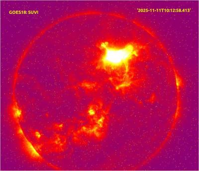 Изображение Солнца в жёстком ультрафиолетовом диапазоне 11.11.2025. Яркое пятно — активная область 4274. Данные спутника GOES, NOAA (США)