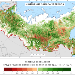 Среднегодовое изменение запаса углерода в лесах России, 2001–2021 гг.