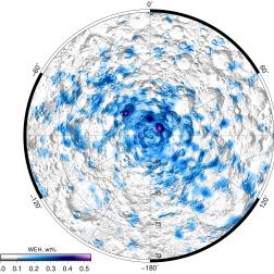 Карта массовой концентрации водяного льда (в процентах) в грунте южной околополярной области Луны по данным прибора ЛЕНД, КА ЛРО (NASA). Фото ИКИ РАН