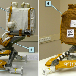 БТН-МД в сборе с БТН-МФ (1 – БТН-МД, 2 – ферма, 3 – кронштейн, 4 – быстросъемные замки, 5 – кабели, 6 – временный защитный чехол). Изображение РКК «Энергия», 2006 г.
