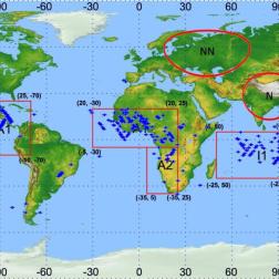 Карта локализации географических районов с наибольшей статистикой регистрации триггера РЧА в составе КНА «Гроза» на борту МС «Чибис-М». Изображение ИКИ РАН