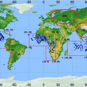 Карта локализации географических районов с наибольшей статистикой регистрации триггера РЧА в составе КНА «Гроза» на борту МС «Чибис-М». Изображение ИКИ РАН