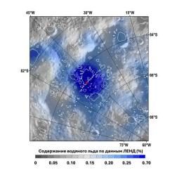 Карта распределения подповерхностного водяного льда в кратере Кабео по данным нейтронного телескопа ЛЕНД (КА LRO, NASA). Дополнительно показаны вечно затененные области (белые линии) и сечение самой крупной вечно затененной области внутри кратера Кабео (пунктирная линия), проходящее через место падения КА НАСА LCROSS в 2009 г. (красная точка). Изображение из статьи: M.L. Litvak, I.G. Mitrofanov и др., Sol. Sys. Res. 2024. 58. 6