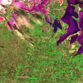 Вегетация озимых культур в Республике Крым на снимке спутника Sentinel-2A (прибор MSI), полученный 2025-10-04 08:47:32 (RGB-синтез «Поверхность» ). Изображение получено с помощью информационной системы «ВЕГА-Science» (ИКИ РАН)