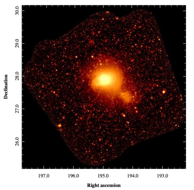 Рентгеновское изображение скопления галактик Кома в диапазоне 0.4 — 2 кэВ, полученное при помощи телескопа СРГ/eROSITA. 
