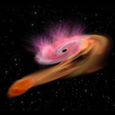 Явление приливного разрушения звезды при прохождении вблизи черной дыры в представлении художника. Изображение © ESA/C. Carreau