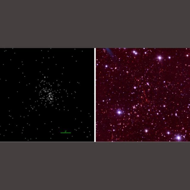 Изображения скопления галактик SRGe CL2305.2–2248, полученные с помощью телескопов СРГ/eROSITA (слева) и РТТ-150 (справа, цвета искусственные). Изображение из статьи R. Burenin at al., 2021