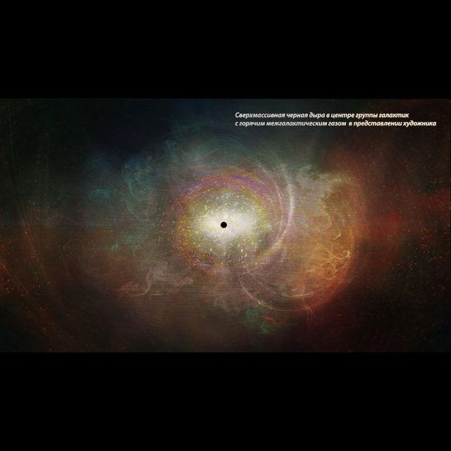 Сверхмассивная черная дыра в центре группы галактик с горячим межгалактическим газом в представлении художника