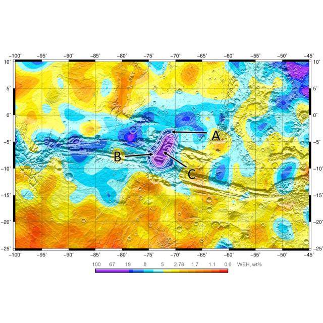 Карта массовой доли воды на дне Долины Маринера по данным ФРЕНД/TGO/ExoMars. Изображение © I. Mitrofanov et al. 2021