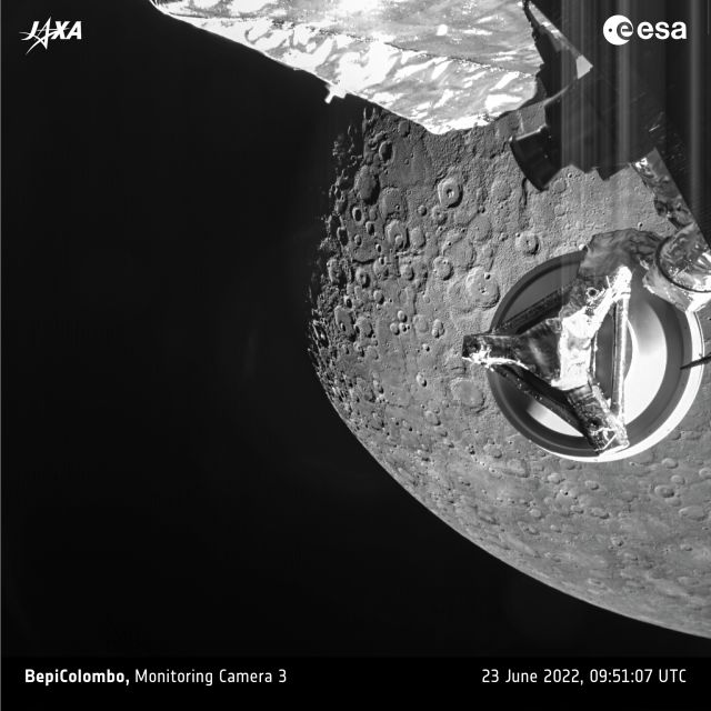 Фотография Меркурия, сделанная 23 июня 2022 г. во время пролета европейско-японской автоматической межпланетной станции BepiColombo (с) ESA/BepiColombo/MTM, CC BY-SA 3.0 IGO 