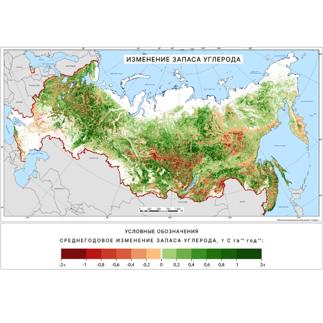 teaser Среднегодовое изменение запаса углерода в лесах России, 2001–2021 гг.