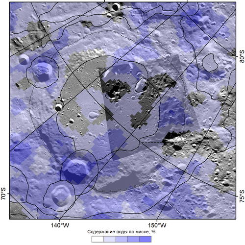 teaser Лунный кратер Зееман, совмещение изображений, полученных с помощью лазерного альтиметра LOLA (LRO, NASA) и аппаратуры СТС-Л станции «Луна-25» (более темный фрагмент в центре изображения). Сине-голубой фон — карта массовой доли воды по данным российского нейтронного телескопа ЛЕНД на борту LRO (NASA). Контурами показаны участки поверхности, различные по геологическим характеристикам. Изображение: ИКИ РАН, 2023