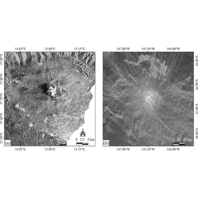 teaser Радиолокационные изображения Этны (слева) по данным КА Sentinel-1 A (ESA), разрешение ~ 75 м, и горы Идунн (справа) по данным КА Magellan (NASA), разрешение ~ 75 м. Изображение из статьи P. D'Incecco et al. , Icarus, Volume 411, 2024