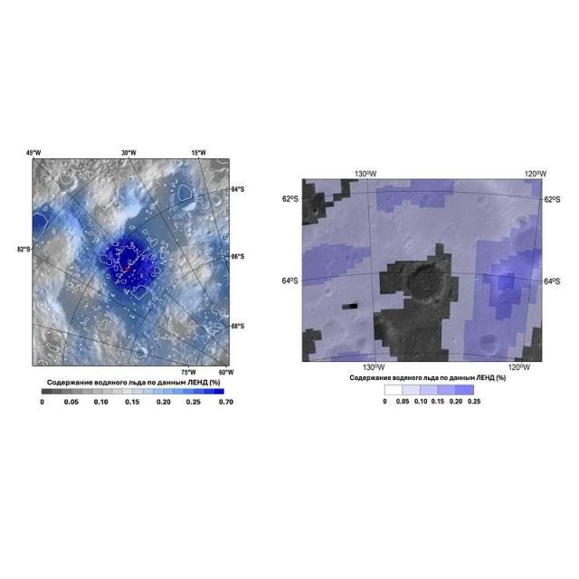 teaser Карты распределения подповерхностного водяного льда в кратере Кабео (слева) и кратере Галимова (справа)