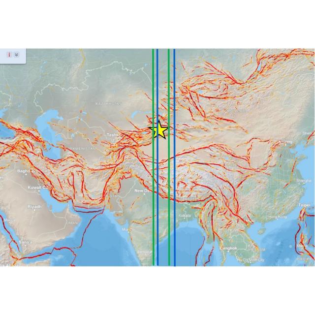 teaser Расположение эпицентра землетрясения (звездочка) на карте активных разломов Евразии. Переработанное изображение из статьи: Lukianova R., Daurbayeva G., Siylkanova A. (2024) Remote Sensing, 16(17), 3112