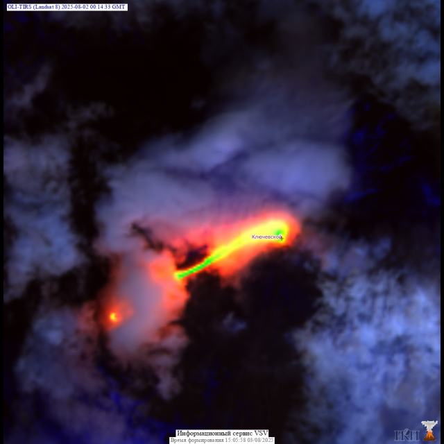teaser Лавовый поток Ключевского 02.08.2025 по данным КА LandSat 8, информационная система VolSatView
