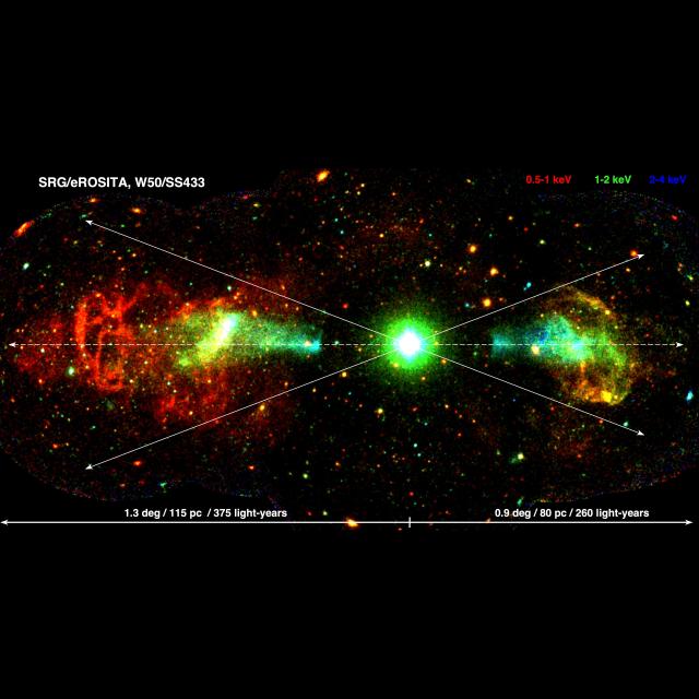 teaser Полная рентгеновская карта туманности W50, полученная телескопом СРГ/еРОЗИТА. Изображение из статьи Sunyaev R., et al., A&A, Volume 707, March 2026