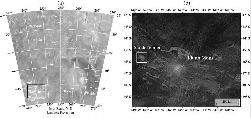 Слева: положение области Имд на Венере. Слева: радиолокационное изображение горы Идунн, полученное КА «Магеллан» (NASA). Изображение из статьи D’Incecco et al., 2021