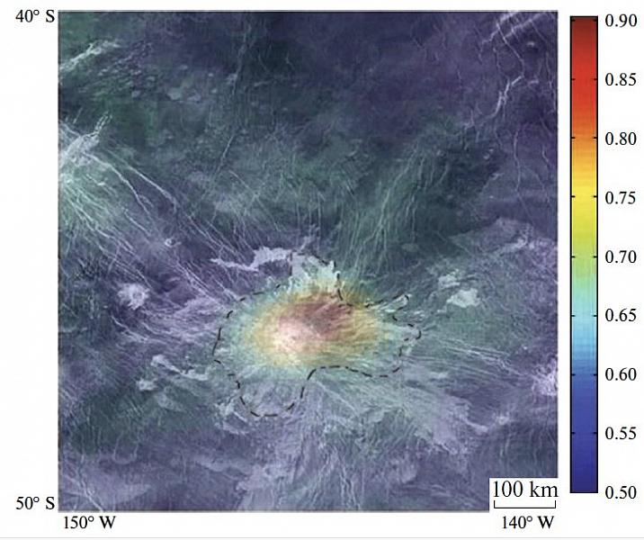Радиолокационное изображение горы Идунн, полученное КА «Магеллан» (NASA). Цветом показана спектральная аномалия, зафиксированная спектрометром VIRTIS на борту КА «Венера-Экспресс» (ESA). Изображение из статьи Smrekar et al., 2010