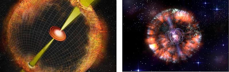 Художественная иллюстрация двух наиболее вероятных моделей компактного объекта в сверхновых типа «коровы»: черная дыра, аккрецирующая вещество в сверхкритическом режиме с образованием релятивистских струй (слева) и быстро вращающаяся нейтронная звезда со сверхсильным магнитным полем (справа). Источники: Bill Paxton, NRAO/AUI/NSF (левый рисунок); Shanghai Astronomical Observatory, China (правый рисунок); Yuhan Yao (Caltech)