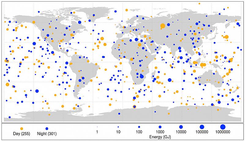 Малые астероиды, разрушившиеся в земной атмосфере. События 1994–2013 годов. © NASA