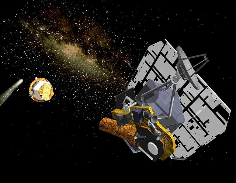 Миссия Deep Impact (слева направо: комета Темпель 1, ударное устройство Smart Impactor и перелётный космический аппарат, доставивший ударник к цели и наблюдавший удар). © NASA/JPL