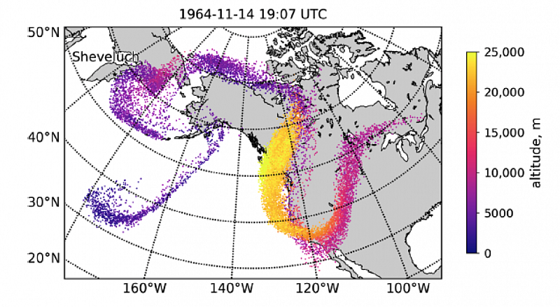 Визуализация результатов моделирования распространения эруптивного облака после извержения вулкана Шивелуч 11 ноября 1964 г. на 19:07 UTC, 14 ноября. Изображение из статьи Girina O.A. et al. https://doi.org/10.3390/rs14143449