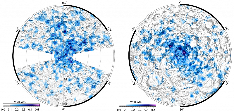 Карта распределения массовой доли водного эквивалента водорода (водяного льда) в процентах от массы грунта в околополярных областях Луны. Слева: северный полярный район; справа: южный полярный район. Составлена по данным прибора ЛЕНД, КА ЛРО (LRO, Lunar Reconnaissance Orbiter, NASA). Оттенки синего и фиолетового цвета показывают повышенную концентрацию водяного льда в верхнем приповерхностном слое грунта. Опубликована в статье Sanin et al., Icarus, v. 283, pp. 20-30, 2017