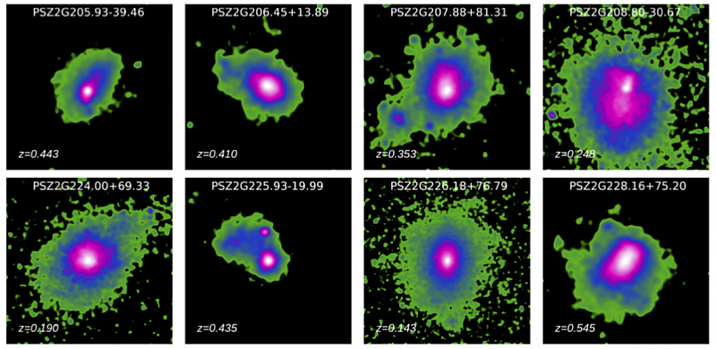 Примеры рентгеновских изображений индивидуальных скоплений из работы CHEX-MATE Collaboration 2021, полученные при помощи обсерватории XMM-Newton. Изображение из статьи CHEX-MATE Collaboration, 2021