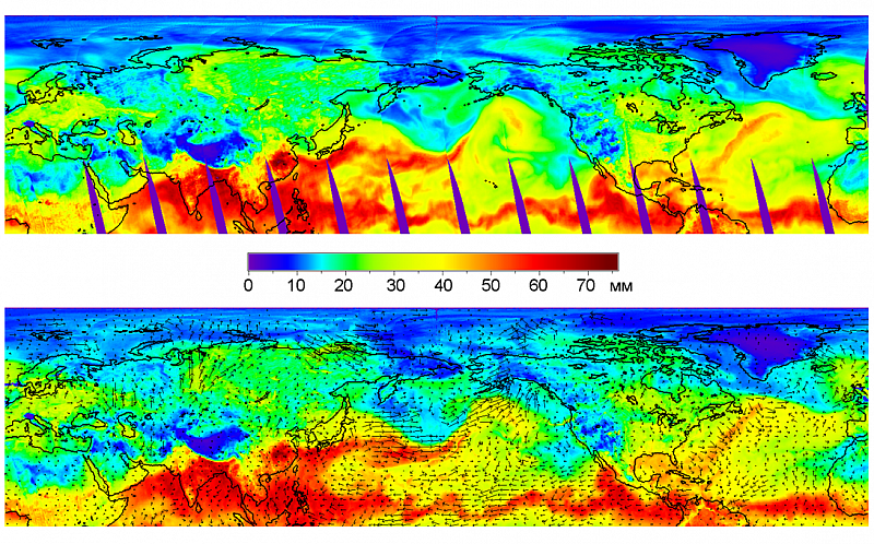 Вверху: поле интегрального влагосодержания атмосферы (общей массы водяного пара на квадратный метр поверхности, в кг/м2 или в мм осажденной влаги) по данным МТВЗА-ГЯ («Метеор-М» №2-2). Внизу: результат дополнительной обработки, позволяющей устранить пропуски данных в поле интегрального влагосодержания и рассчитать векторы скорости горизонтального переноса водяного пара в атмосфере. Пример за 28 июля 2020 года. Использованы оригинальные технологии обработки, развиваемые в ИКИ РАН