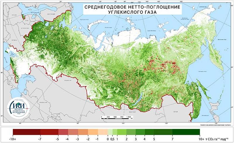Среднегодовое нетто-поглощение СО2 всеми лесами России в 2002–2023 гг. по данным ИАС «Углерод-Э»