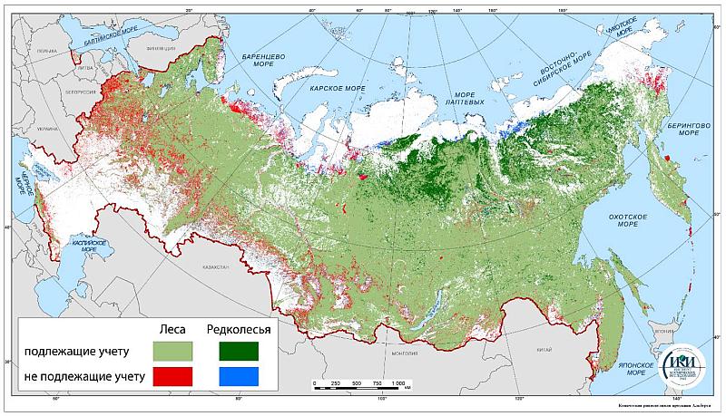 Карта покрытых лесом и редколесьями земель на подлежащей и не подлежащей их учету территориях по состоянию на 2024 г. по данным ИАС «Углерод-Э»