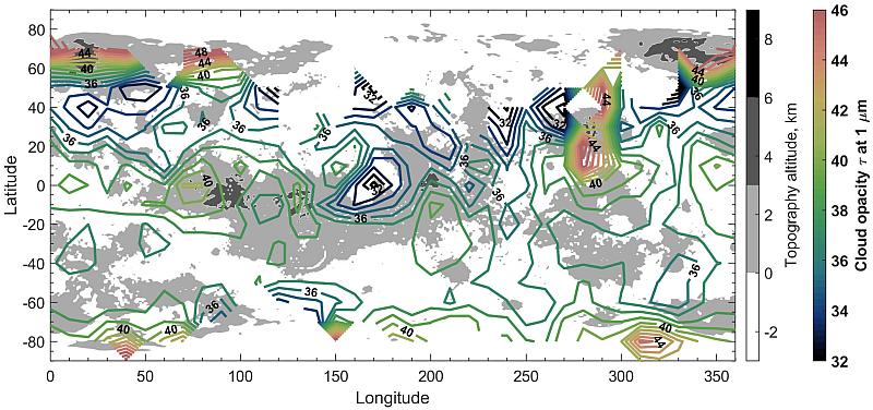 Средняя толщина облачного слоя по данным спектрометра SPICAV («КА «Венера-Экспресс», ESA), наложенная на топографическую карту Венеры, полученную КА «Магеллан» (NASA). Изображение из статьи Evdokimova, D., Fedorova, A., Ignatiev, N., et al. (2025)