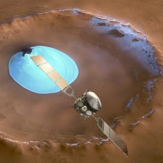 «Марс-Экспресс» над льдом в кратере Марса. Изображение: ESA/DLR/FU-Berlin-G.Neukum