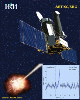 Художественное изображение обсерватории «Спектр-РГ» и гамма-всплеска от взрыва звезды. На вкладке показан сигнал, зарегистрированный телескопом ART-XC в диапазоне энергий 60-120 кэВ через несколько секунд после обнаружения гамма-всплеска 1 января 2020 г. обсерваторией Fermi, работающей на околоземной орбите (с) С.Мольков, ИКИ РАН, СРГ/АРТ-ХС
