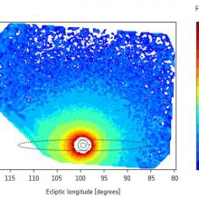 Интенсивность излучения атомарного водорода в геокороне — верхней части атмосферы Земли, по данным прибора SWAN на борту космического аппарата SOHO.